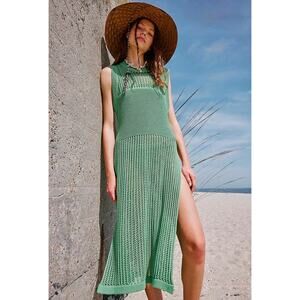 Free People Crochet Knit Maxi Dress Green Boho Beach Coverup OSFM